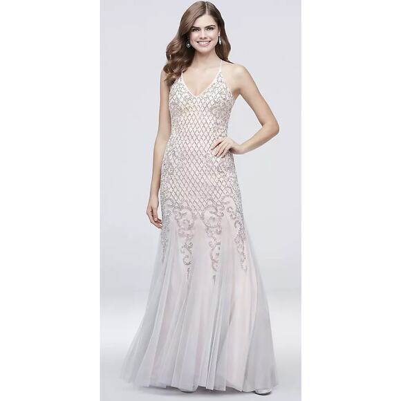 Xscape Beaded Lattice Mermaid Dress with Crisscross Back Pale Pink Prom Womens 4 - Picture 7 of 16